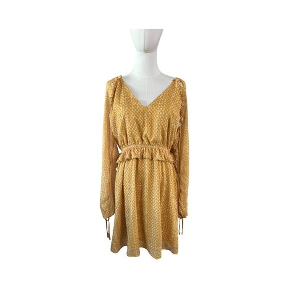 BTFL-Life Gold Long Sleeve Mini Dress Size L Ruffle Waist Lined Nordstrom NWT - Picture 2 of 11